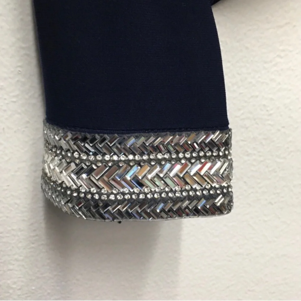 Vince Camuto Beaded Draped Stretch Gown 14 Navy Blue Elegant Formal Gala Wedding - Picture 4 of 14